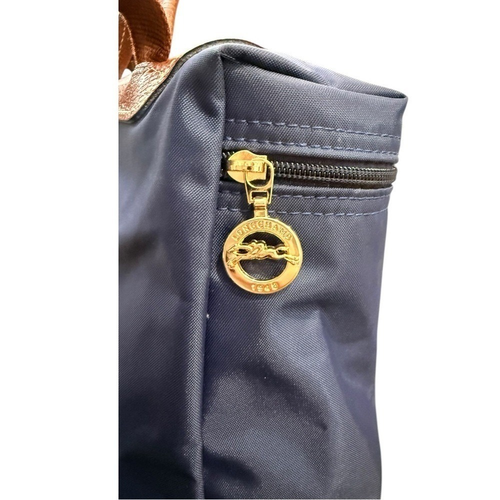 New Longchamp Le Pliage Folding Original M Backpack Navy Blue / Brown Leather - Picture 4 of 7